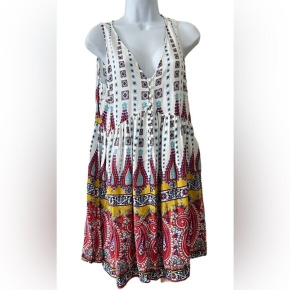 Umgee Summer Sleeveless Paisley Boho Geometric Dress Size M - Picture 2 of 16